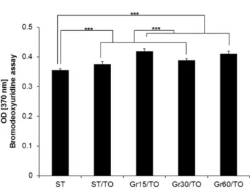 Fig. 2. Field emission scanning electron microscopic images of the smooth tita- tita-nium (ST) and thermally oxidized ST (ST-TO) groups at various magnifications.