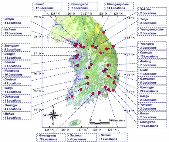 Fig. 6 은  국내  내륙  대도시  한  지역에서의  부지주기에 대한 공간 지진 구역화(spatial seismic zonation)를 개념 적으로 제시한 것으로서, 기존 국내 현장 탄성파시험 자 료들을  토대로  위의 5 종류  지진공학적  지반지층들에 대해  경험적  대표  전단파속도  값을  할당하여  적용하였 다