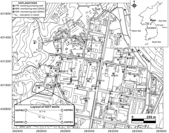 Fig. 1. Location of the study area showing the layout of the step-drawdown test (SDT) wells