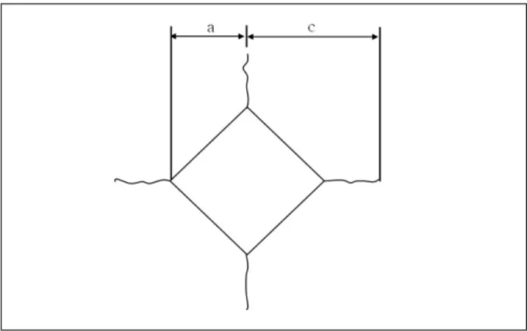Fig. 1. Surface trace dimensions of Vickers indentation used to measure the half-diagonal (a) and the initial length (c).