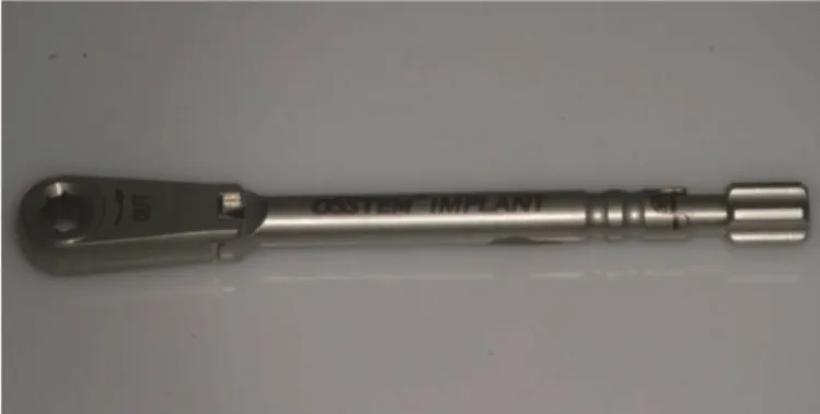 Fig. 3. Torque controller accuracy test (A: square insert in the jaws of the Tonichi Torque Gauge, B: torque controller under test condition, C:  torque controller is rotat- rotat-ed until the detent releases).