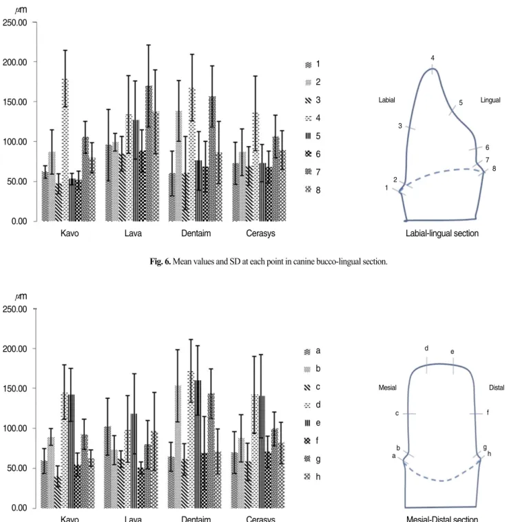 Fig. 6. Mean values and SD at each point in canine bucco-lingual section.