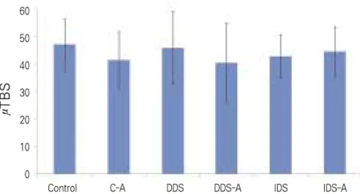 Fig. 4A는 600 grit silicon carbide abrasive paper로 처리한 시편으 로 표면에 사선방향의 규칙적인 결함이 관찰되고 도말층이 균 일하게 분포되어 상아세관이 폐쇄되어 있는 모습을 보이고 있 다