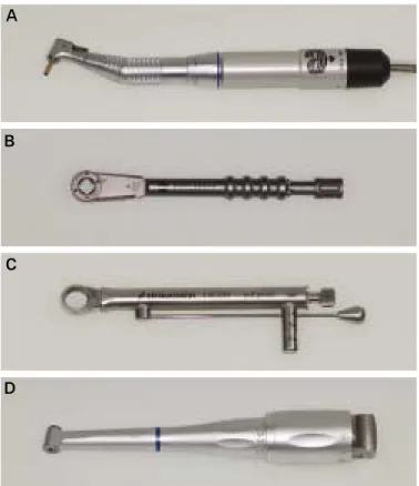 Fig. 4. A, Electronic torque controller; B, Torque limiting device; C, Torque indi- indi-cating device; D, Contra-angle torque device.