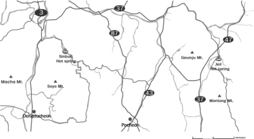 Fig. 1. Location map showing the study area, and detail location map of two hot spring sites(Sinbuk and Jeil hot springs) in the Pocheon area.
