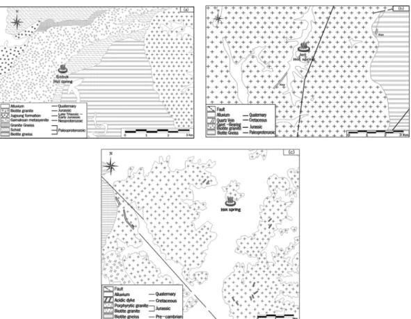 Fig. 2. Geologic map of Sinbuk hot spring area(a), Jeil hot spring area(b) and Icheon hot spring area(c)
