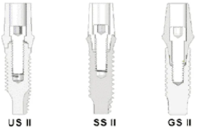 Fig. 1. Sectional views of two implant systems showing interface and attached abutment (Osstem Implant, Korea).