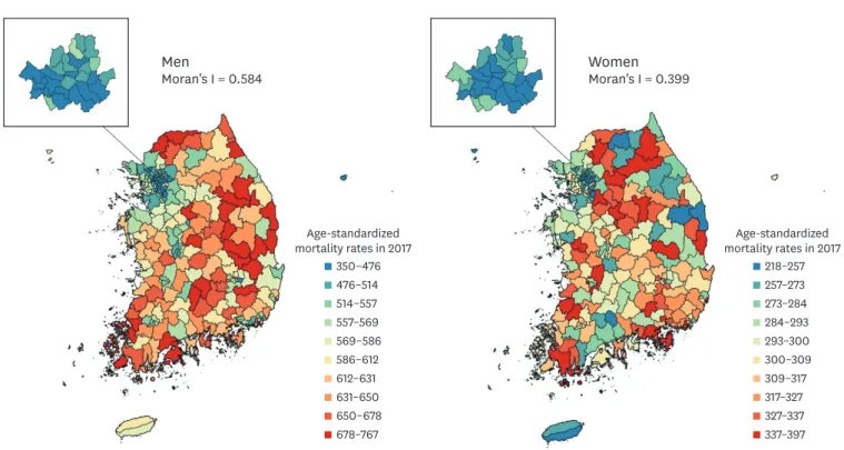 Fig. 1. Age-standardized mortality rates per 100,000 population in 250 districts for men (left) and women (right) in Korea, 2017, shown in 10 color groups with  ranges for the categories determined by the deciles of age-standardized mortality rates per 100
