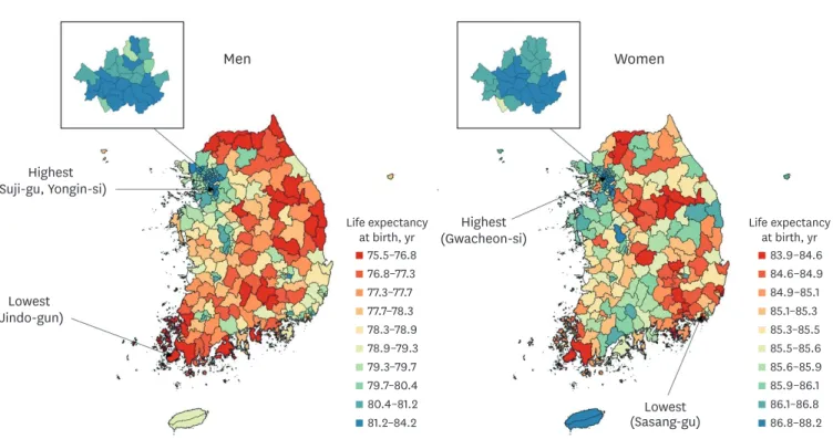 Fig. 2. Life expectancy at birth in 250 districts for men (left) and women (right) in Korea, 2017, shown in 10 color groups with ranges for the categories  determined by the deciles of life expectancy at birth.