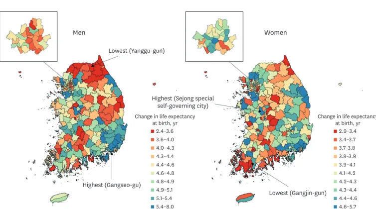 Fig. 4. Distribution of life expectancy at birth in 250 districts from 2004 to 2017 by gender in Korea; the bottom  border, middle line, and top border of the boxes indicate the 25th, 50th, and 75th percentiles, respectively, across  all districts; the das