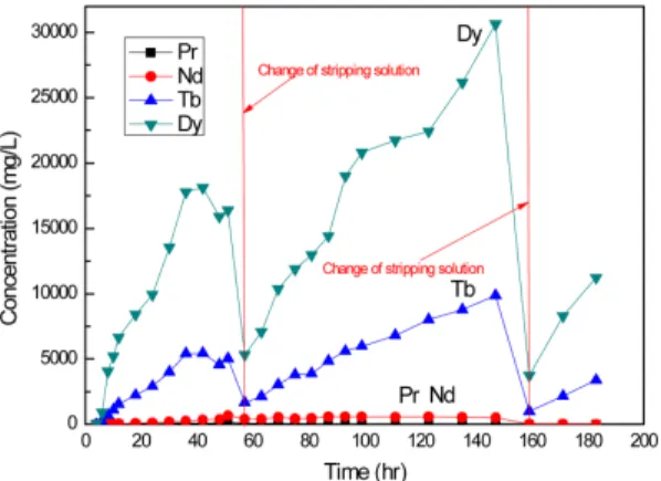Fig. 6. Changes in each rare earth elements concentration at the raffinate outlet.