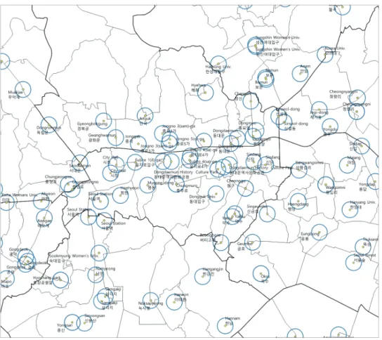 Fig. 1. The process of selecting small administrative units (dong, eup, and myeon) within a 200-m radius (blue  circles) of subway stations (yellow dots)