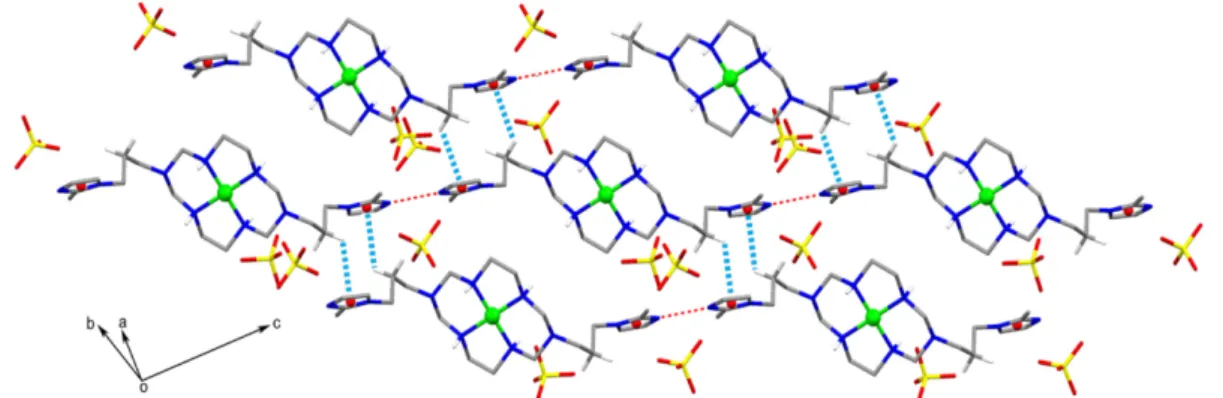 Figure 2. View of 2D supramolecular structure of 1 by hydrogen bonds (…) and C-H… π interactions ( …)
