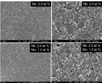Figure 9. FE-SEM images of the thin films of Nb- and Nb/Mo- Nb/Mo-VO 2 (M) (Bar scale:1  μm, 100 nm, Magnification: x20,000, ×80,000).