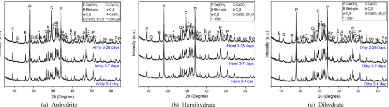 Fig. 2. XRD patterns of the paste specimens in NHL-BFS-gypsum with hydration time for adding 3 %.