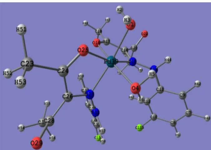 Table 8. Equilibrium geometric parameters bond lengths (Å), bond angles ( o ) and charge density of [Pd(Cphpd) 2 (H 2 O) 2 ] 2+ by using DFT/B3LYP/CEP-31G Bond length (Å) Pd −O18 Pd −O25 Pd −N15 Pd −N27 Pd −O1 C26 −N27 1.9231.9241.9671.9711.9531.349 Pd −O4