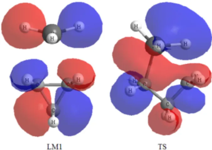 Fig. 2. HOMOs of complex (LM1) and transition state (TS) for the hydroalumination of cyclopropane at B3LYP/6-31G** level of calculation.