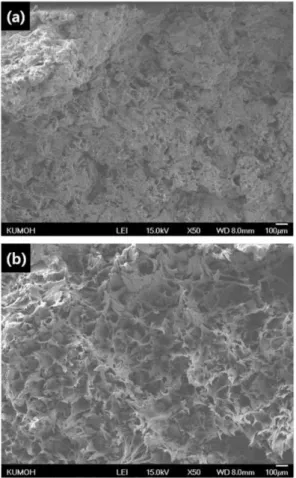 Fig. 6. Microstructure observation as a function of WGRT content, (a) MA/WGRT 3:7 and (b)  PP-g-MA/WGRT 7:3.
