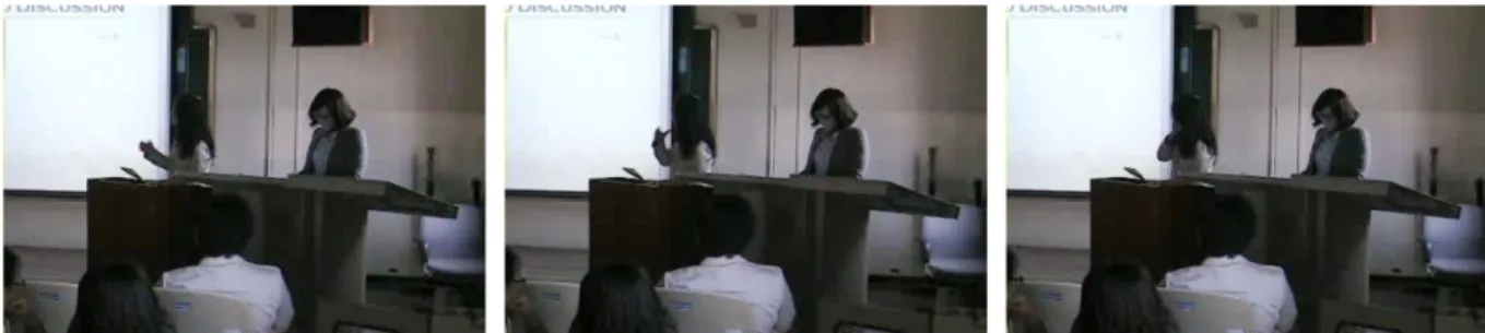 Fig. 3. Example of non-verbal behavior. The left presenter passes her hand over her hair while presenting the ppt.