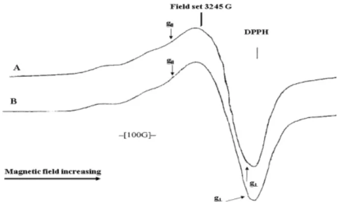 Fig. 2. ESR spectra of polycrystalline complex [(L) 2 Cu(H 2 O) 2 ], ( 2) at room temperature (A) and at 77K (B).