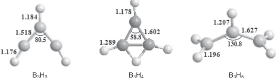 Fig. 1. Optimized structures of B n H n , B n H n+1 , B n H n+2  (n = 3) isomers at the B3LYP/6-311G **  level of theory.