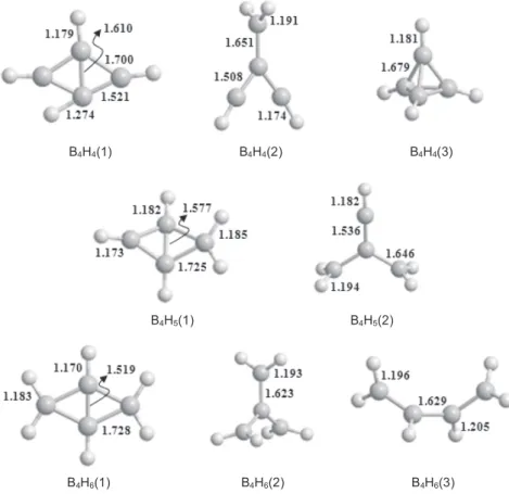 Fig. 2. Optimized structures of B n H n , B n H n+1 , B n H n+2  (n = 4) isomers at the B3LYP/6-311G **  level of theory.