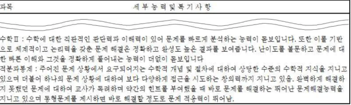 [그림 Ⅳ-5] 면접평가 후 과목별 세부능력 및 특기사항 기록 예시나 학생․학부모 상담 자료나 학교생활기록부의 세부능력  및  특기사항  기록에  활용할  수  있다.면접평가 결과는 평가영역별로 채점하여 다음과 같이 환산하여 점수를 부여할 수 있다