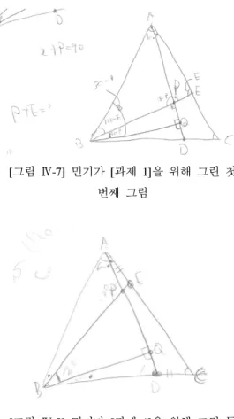 [그림 Ⅳ-7] 민기가 [과제 1]을 위해 그린 첫  번째 그림 [그림 Ⅳ-8] 민기가 [과제 1]을 위해 그린 두  번째 그림 민  규 : 선생님 문제가 이상한데요? 답을 알아 낼 수가 없어요 