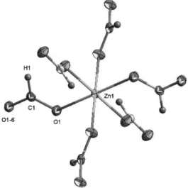 Fig. 1. Coordination sphere around Zn atoms in [Zn (HCOO) 3 ](C 2 H 8 N) with ellipsoids drawn at 50%  prob-ability level