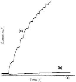 Fig.  1 .  Curremt-time recordings obtained at (a) 9% ferrocene modified carbon paste electrode, (b) 40% chard root tissue modified carbon paste electrode, (c) 40% chard root tissue and 9% ferrocene modified carbon paste electrode on increasing the dopamin