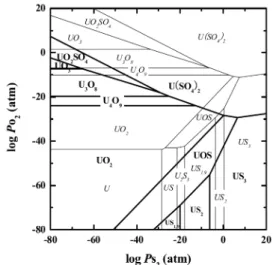 Fig. 1. Phase diagram of U-S 2 -O 2  system; solid line : 300 o C, grey line and italic : 800 o C
