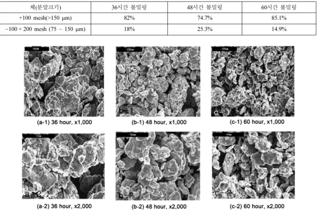 Fig. 4. SEM microstructures of ball milled powders (−100+200 mesh). 
