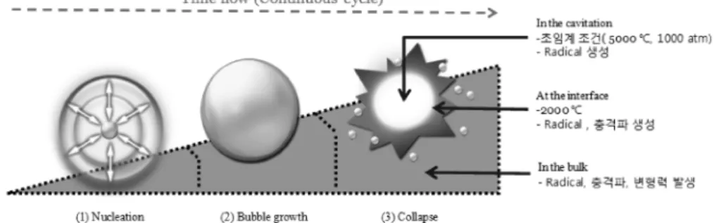 Fig. 1. Cycle and structure of cavitation induced by ultrasonic irradiation.