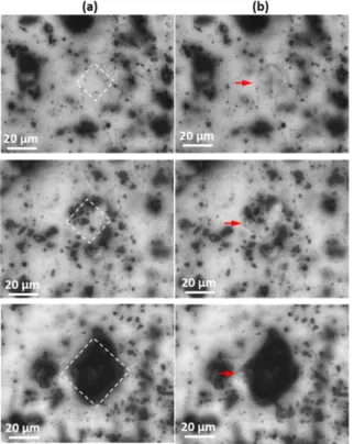 Fig. 2. Optical microscope images of anodic oxide films on AA2024 (a) before and (b) after indentation using a pyramidal-diamond penetrator under a load of 100g for indentation hardness measurement