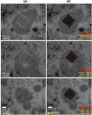 Fig. 6. Optical microscope images of large size grey defect (a) before and (b) after indentation by a pyramidal-diamond penetrator under a load of 100 g after an ink-impregnation of anodic oxide films on AA2024