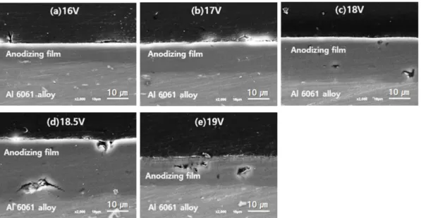 Fig. 5. SEM cross-sectional images of anodic oxide films formed on Al6061 alloy by anodizing for 5 min at various applied voltages in 20% H 2 SO 4  solution at 20±0.5 o C and 200 rpm of magnetic stirring.