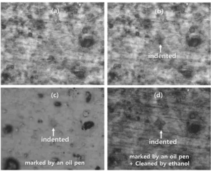 Fig. 3. Optical microscopy images of Al2024 alloy anodized in sulfuric acid solution: (a), as-anodized; (b), marked by an oil pen; (c), marked by an oil pen and then indented by a pyramidal-diamond penetrator under a load of 100 g;