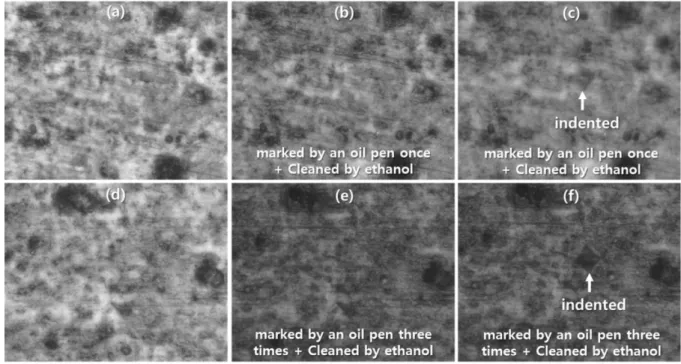 Fig. 5. Optical microscopy images of Al2024 alloy anodized in sulfuric acid solution: (a, d), as-anodized; (b, e), marked by an oil pen and then cleaned with ethanol; (c, f), marked by an oil pen, cleaned with ethanol and then indented by a pyramidal-diamo