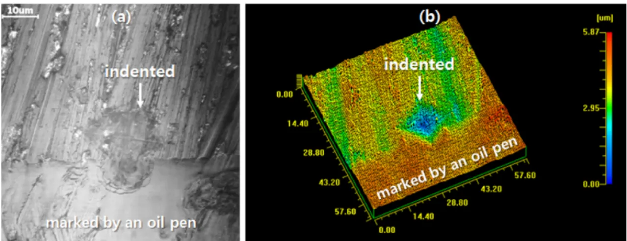 Fig. 7. CSLM brightness images of indented surface with different scanning ranges around (a) ink surface, (b) specimen surface and (c) bottom of the indented surface