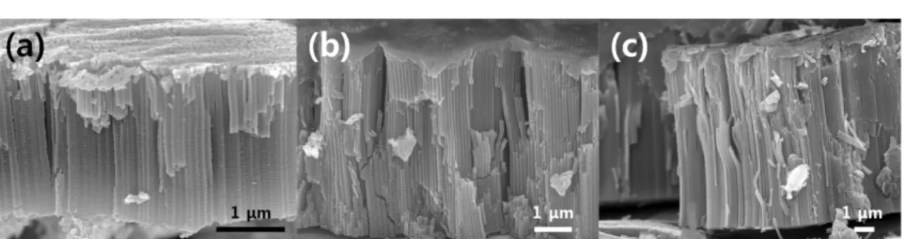 Fig. 4. Cross-sectional SEM images of TiO 2  nanotube arrays with 1-step anodization at 40V for difference time: (a) 30 min, (b) 1 hour, (c) 2 hours