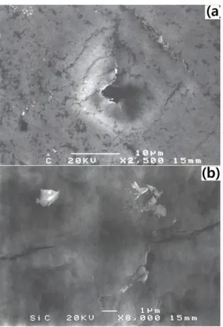 Fig. 6. Typical indenter shape on coated layers : (a) pyrolytic carbon (b) silicon carbide.