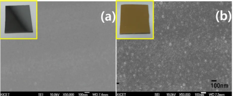 Fig. 3. External and SEM photographs of TiNx thin films sputtered with (a) Non-bias and (b) -50V DC substrate bias.