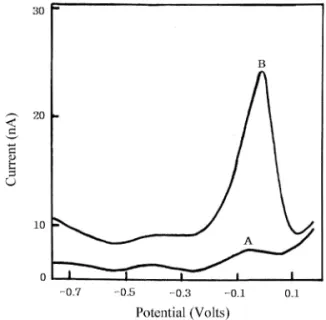 Fig. 1. A typical differential pulse polarogram for 5.0×10 −6  M 2-mercapto-1-methylimidazole(MMI) in 5.0×10 −2 M LiClO 4 