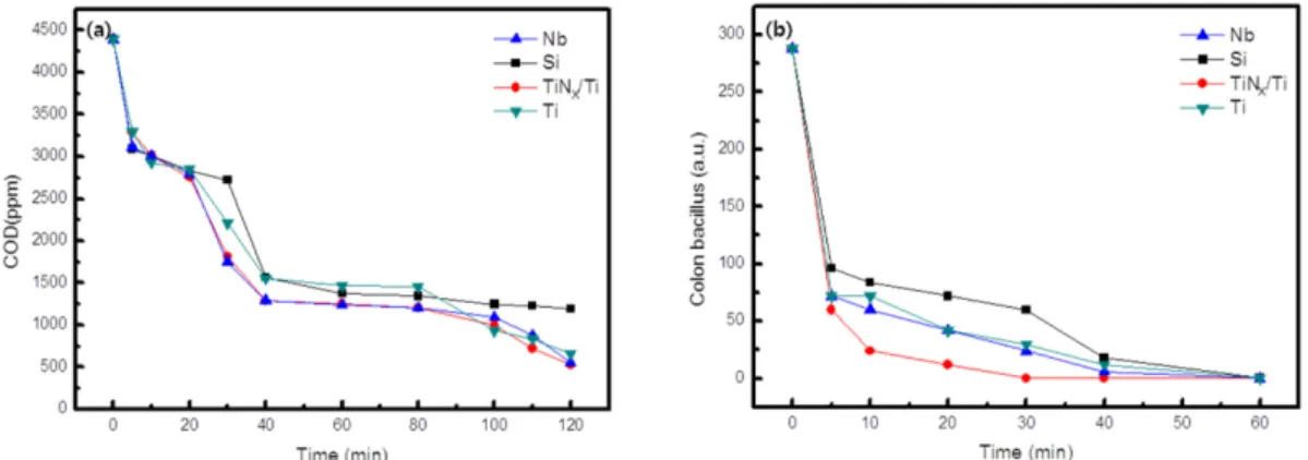 Fig. 6. Cyclic voltammograms of BDD/Nb and BDD/TiN x /Ti electrodes up to 1000cycles.