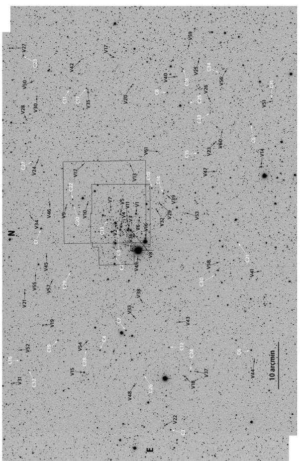 Figure 1. Gray-scale map of the V -band CCD image of the NGC 457 region. Variable and comparison stars are labeled V1 – V61 and C1 – C34, respectively