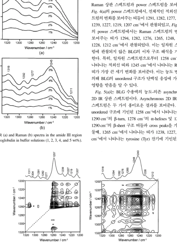 Fig. 4. The synchronous 2D IR (a) and Raman (b) correlation spectra generated from concentration-dependent spectral vari- vari-ations of  β -lactoglobulin in buffer solutions