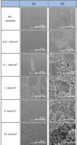 Fig. 4. SEM images of surface morphologies for Al5083-H321 after galvanostatic experiment at various current densities in seawater.