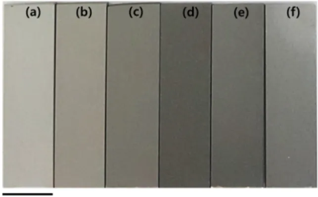 Fig. 4. Digital photographs of Al6061 alloy anodized for (a) 5, (b) 10, (c) 15, (d) 20, (e) 25 and (f) 30 min at 40 mA/cm 2  in 20 % sulfuric acid solution containing 20 g/l of dissolved aluminum.