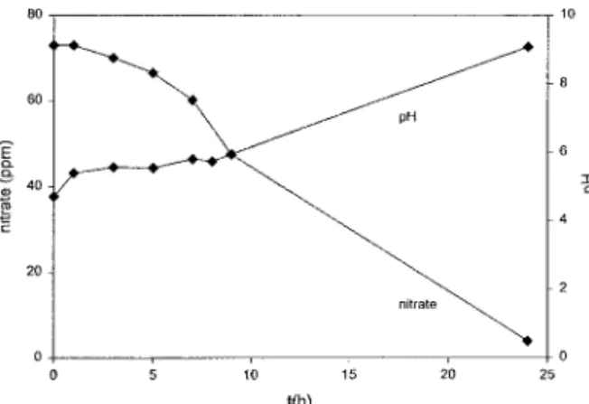 Fig. 2. Nitrate reduction and pH change (reaction 4).