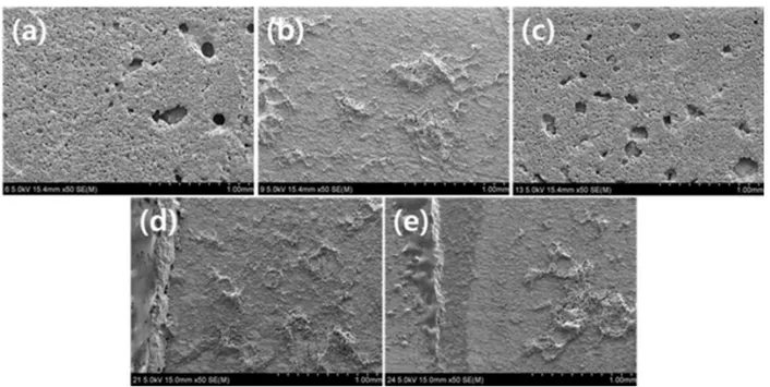 Fig. 12. FE-SEM micrographs of the fractrured surface of sintered Ni-13Cr-xTi and Ni-13Cr-xMo alloys: (a) Ni-13Cr (b) Ni-13Cr-5Ti (c) Ni-13Cr-10Ti (d) Ni-13Cr-5Mo (e) Ni-13Cr-10Mo.